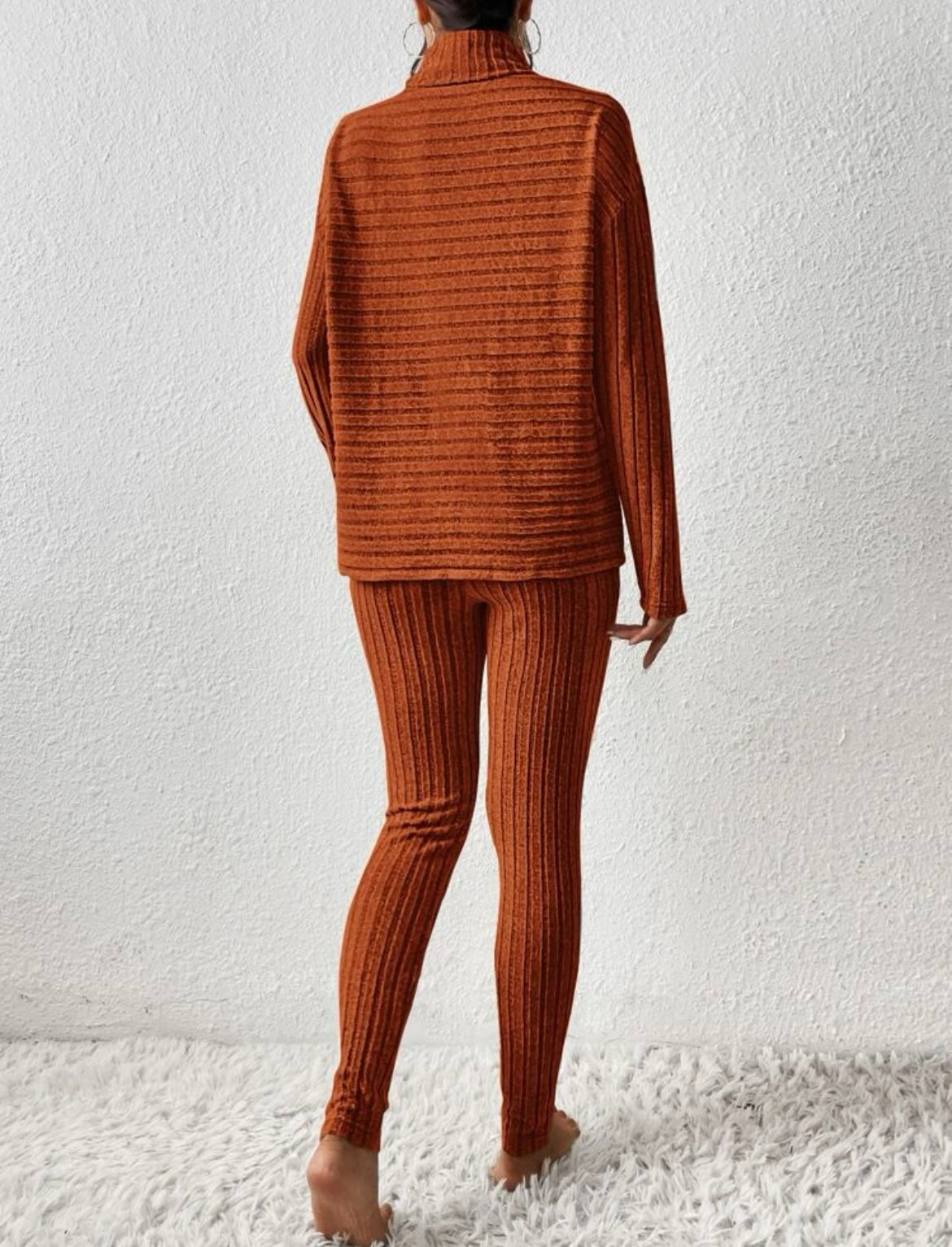 Ribbed Two-Piece Top & Bottom Pant Coordinate Set - Rust Brown