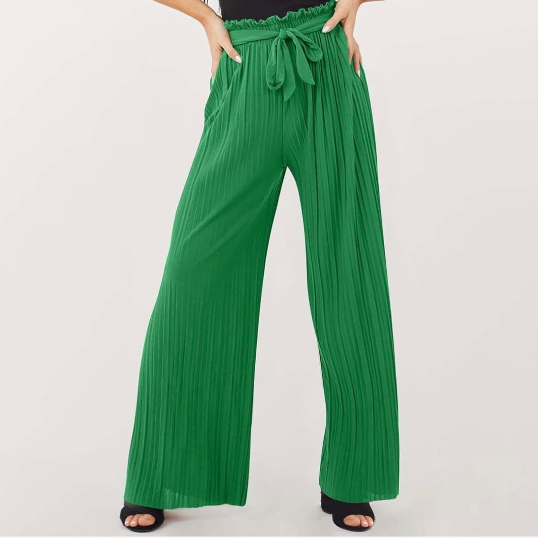 Pleated Paper bag Waist Pants - Green