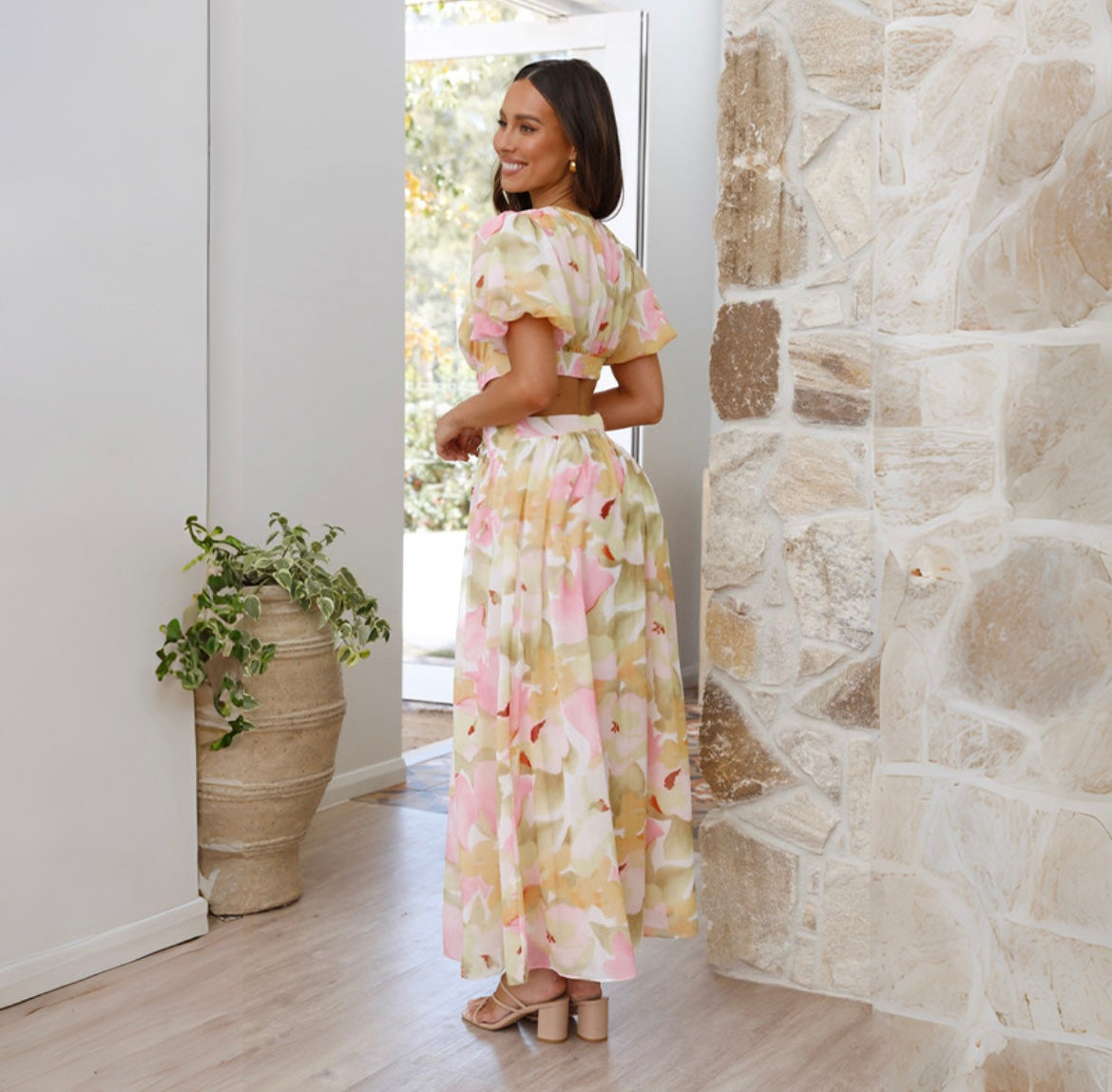 Floral V-Neck Open Back Maxi Dress- Blush Pink