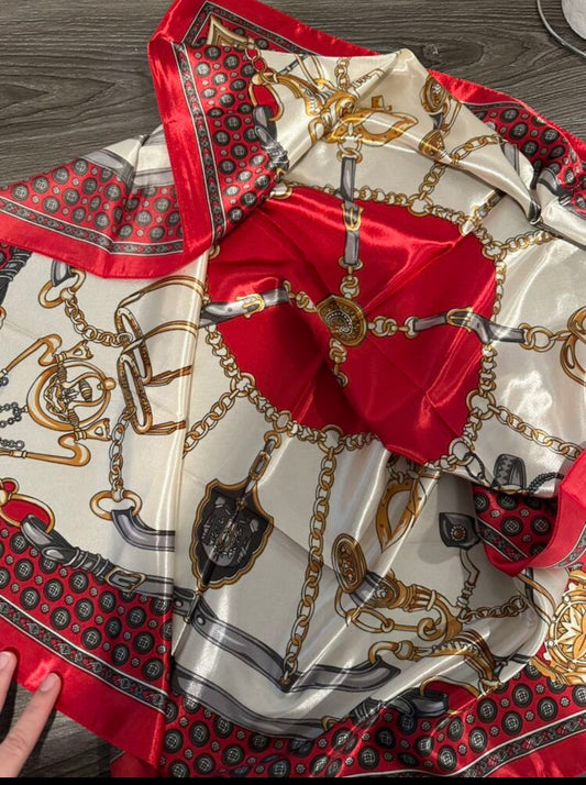 Chain Link Print Silk Inspired Scarf -Red