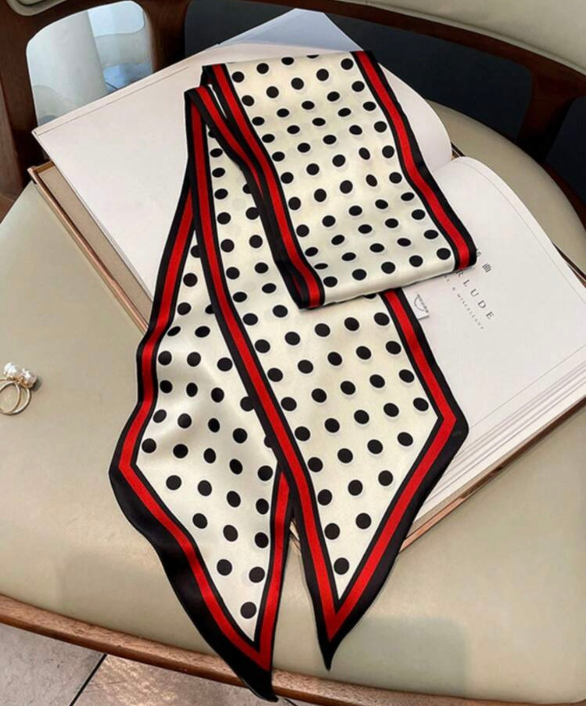 Polka Dot Satin Neck Scarf with Red & Black Border – Classic Chic Accessory