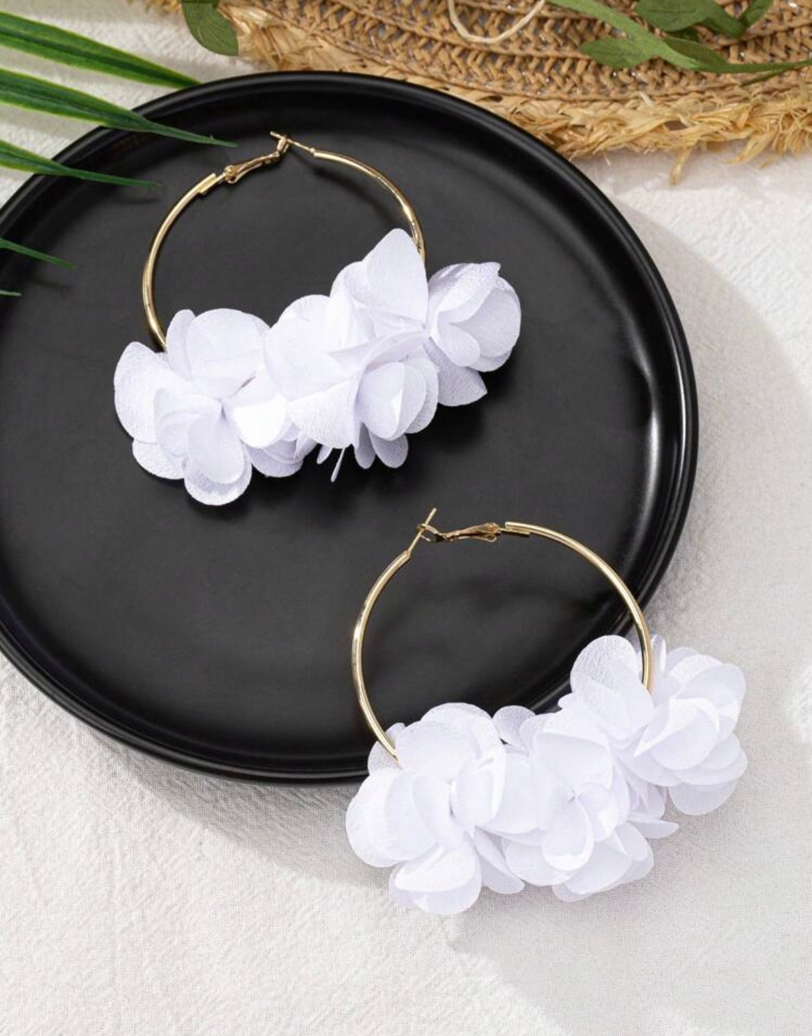 Floral Hoop Earring -White