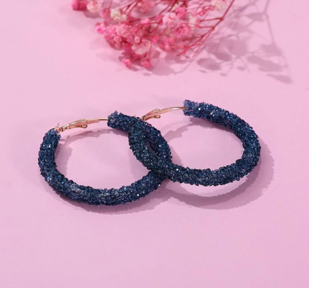 Shimmer Rhinestone Hoop Earrings- Navy Blue