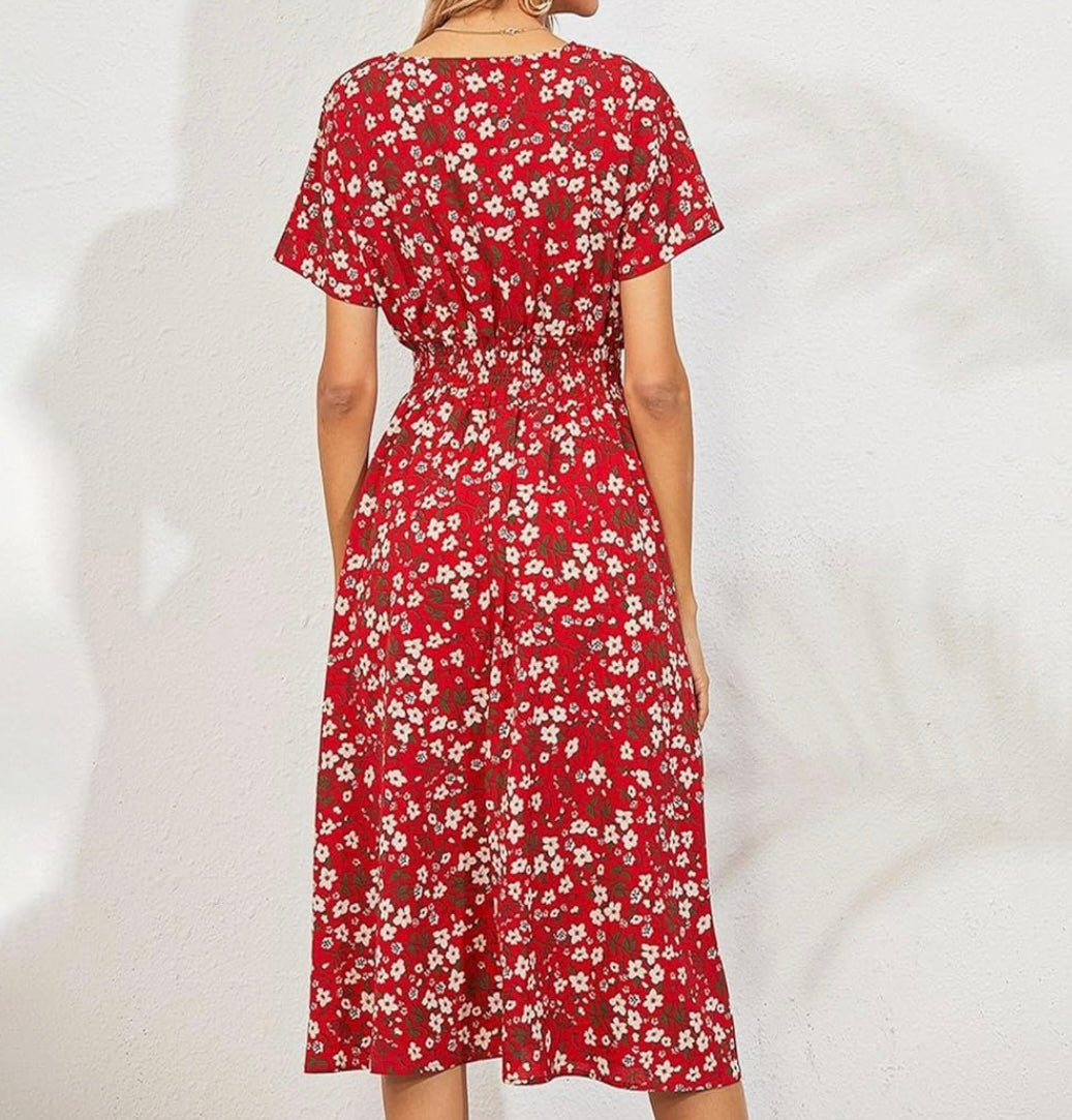 Red Floral V-Neck Midi Dress – Effortless Elegance for Every Occasion