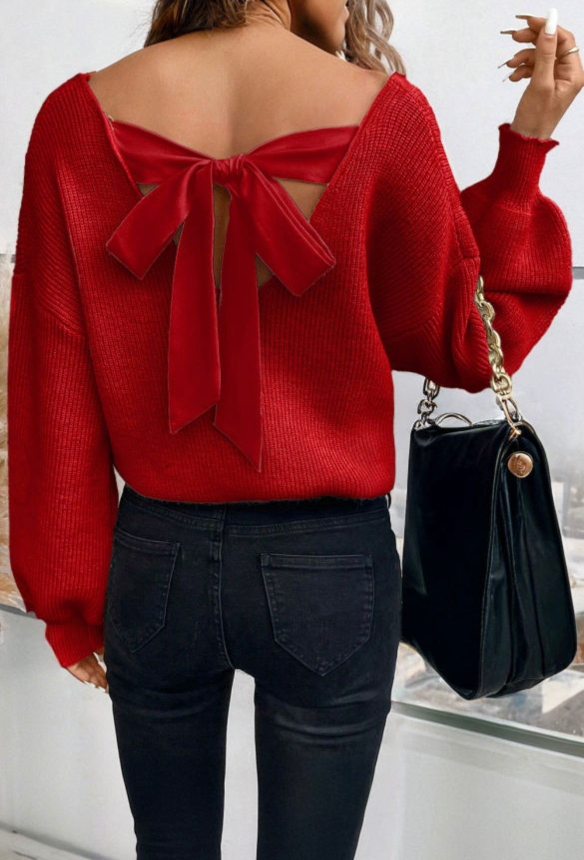 Red V-Neck Knit Sweater with Back Bow | Women’s Cozy Fall & Winter Sweater