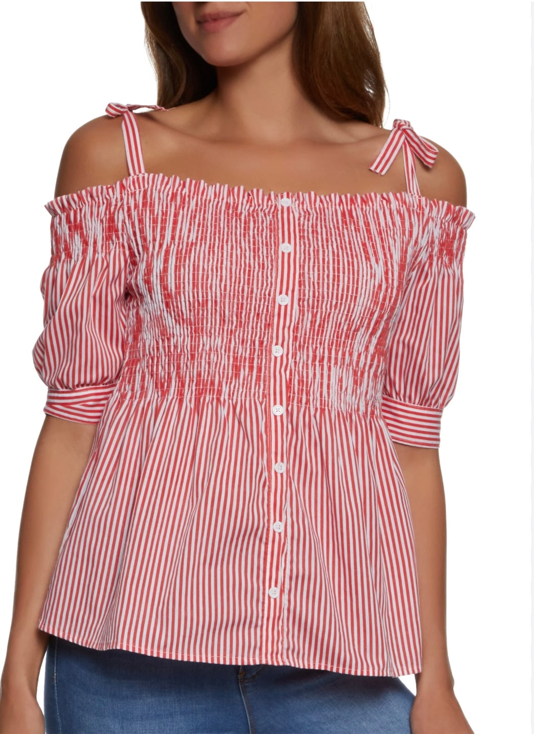 Cold Shoulder Stripe Blouse - Red