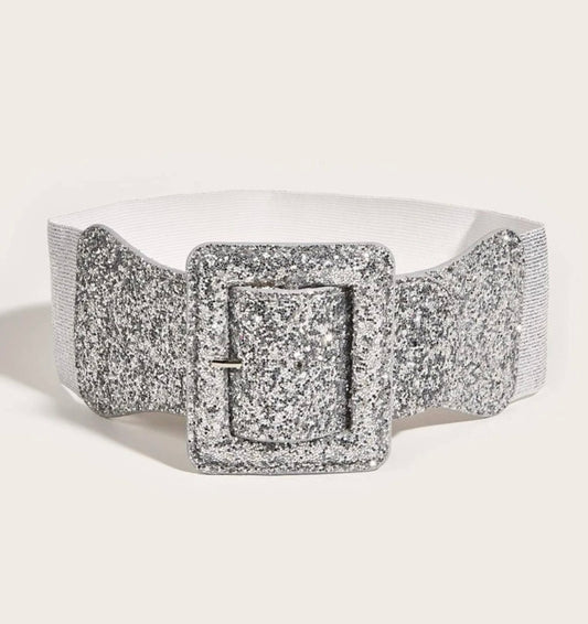 Dazzling Sequin Design Silver Stretch Buck Belt
