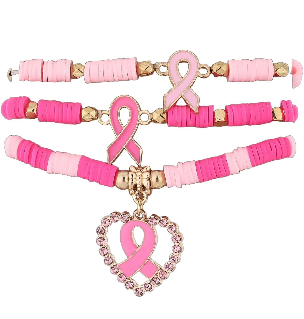 Pink Ribbon Awareness Bracelet Set – 3-Piece Beaded Stack with Gold Accents & Heart Charm