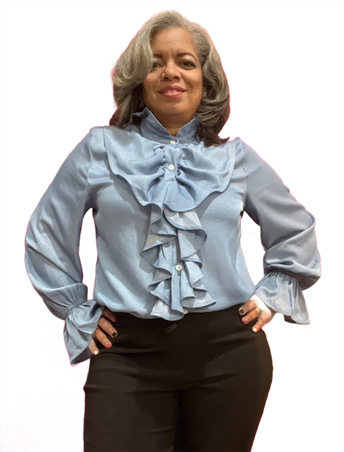 Front Ruffle Blouse- Chambray