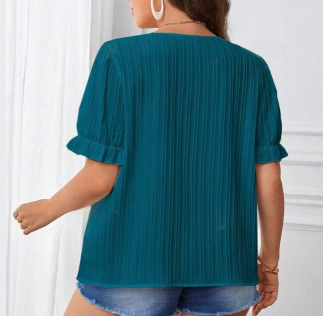 V Neck Notch Blouse - Teal Blue