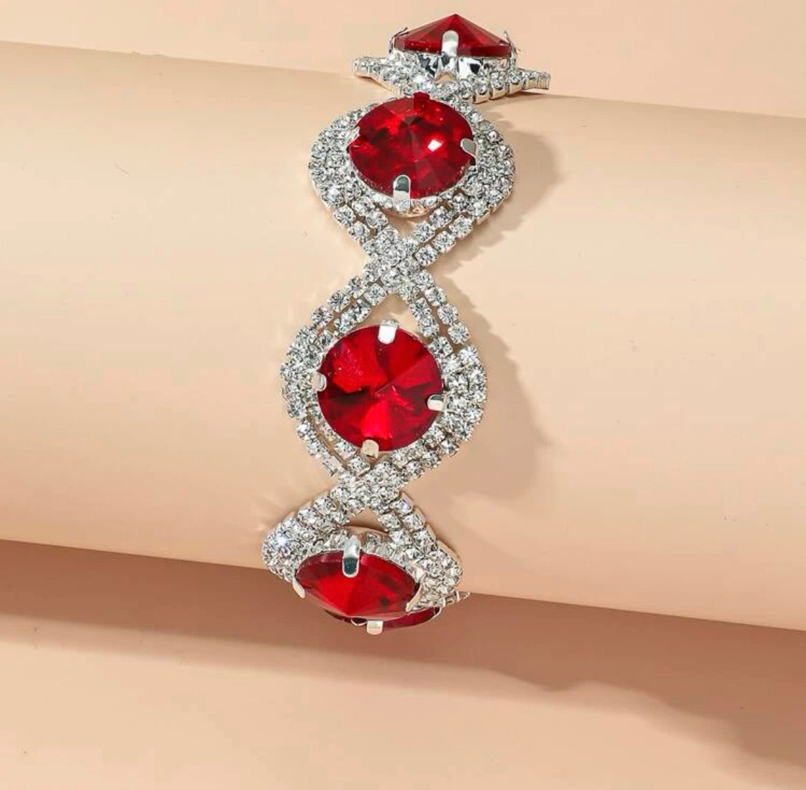 Ruby Crystal Statement Bracelet – Silver Rhinestone Evening Bracelet for Women