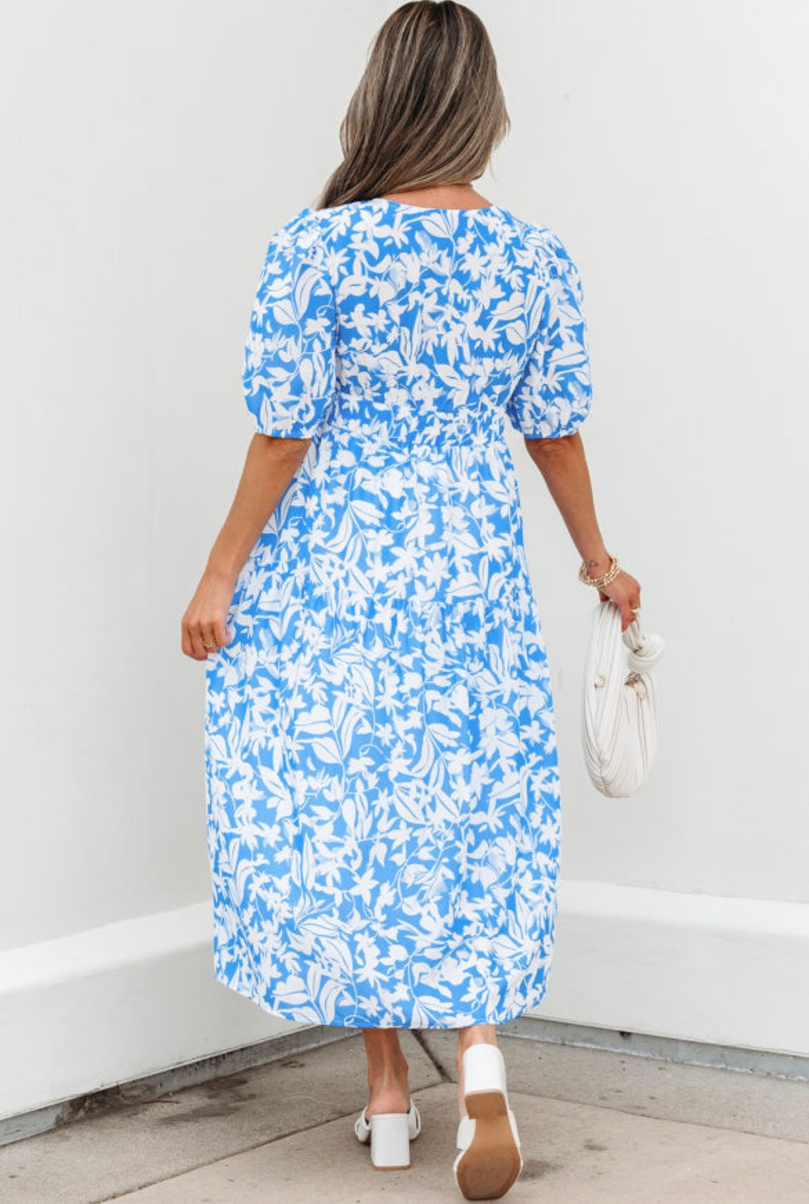Blue and White Floral Puff Sleeve Midi Dress for Women