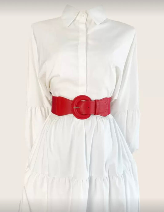 Bold Red Wide Stretch Belt with Round Buckle – Statement Waist Cincher