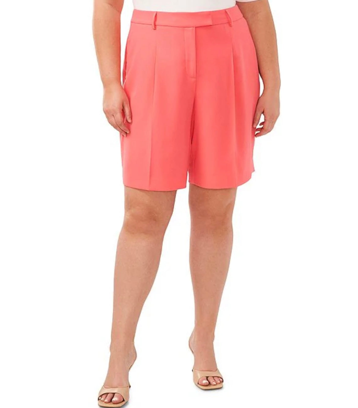 Coral High Waisted Pleated Dress Shorts for Women – Flowy Tailored Bermuda Shorts with Pockets
