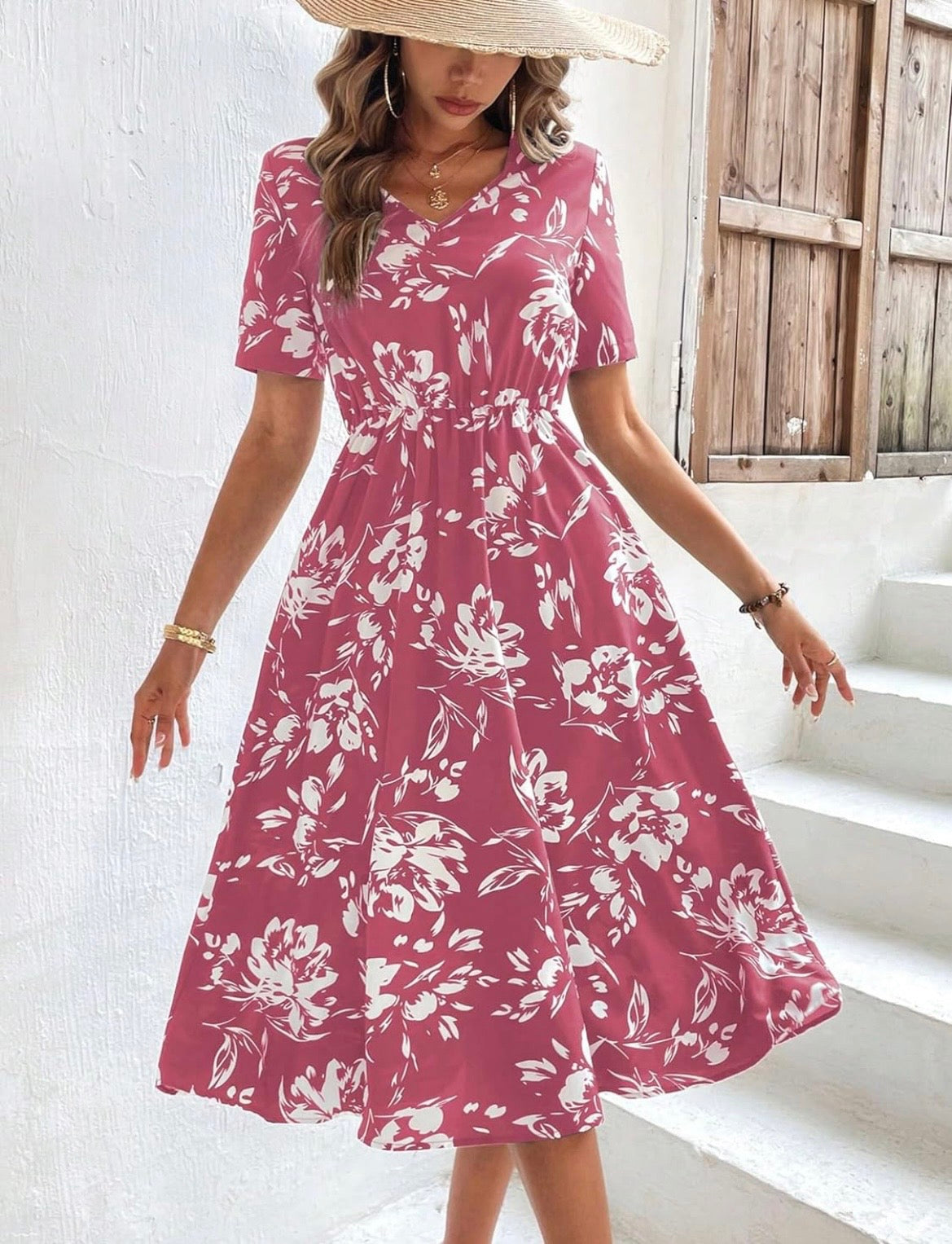 Floral V-Neck Short Sleeve Dress -Pink