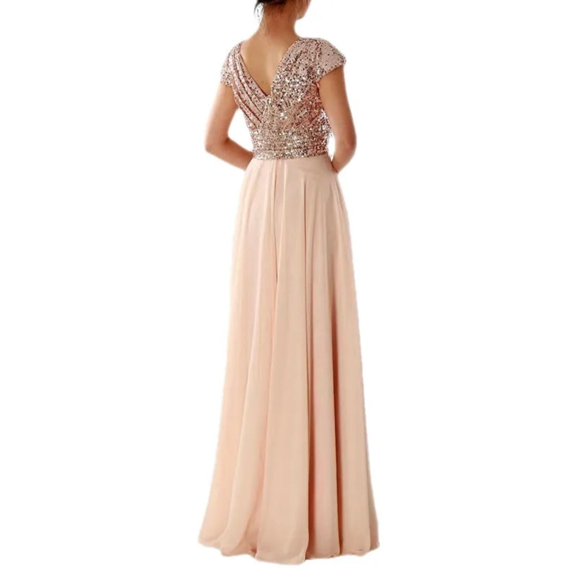 V- Neck Sequin Formal Gown -Apricot