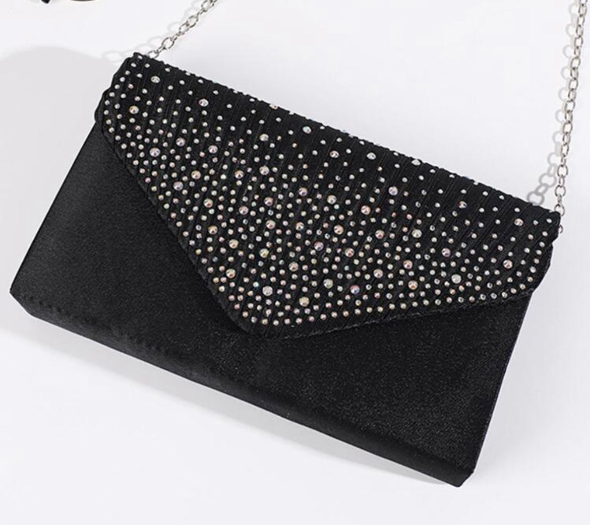 Rhinestone Flap Clutch - Black