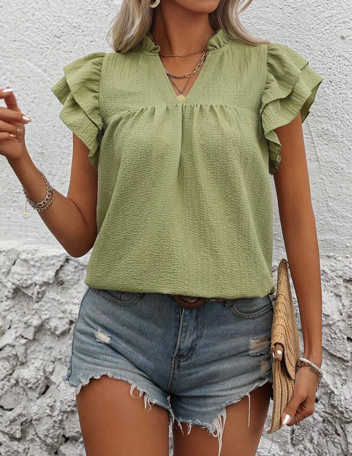 Ruffle Sleeve Top - Olive Green