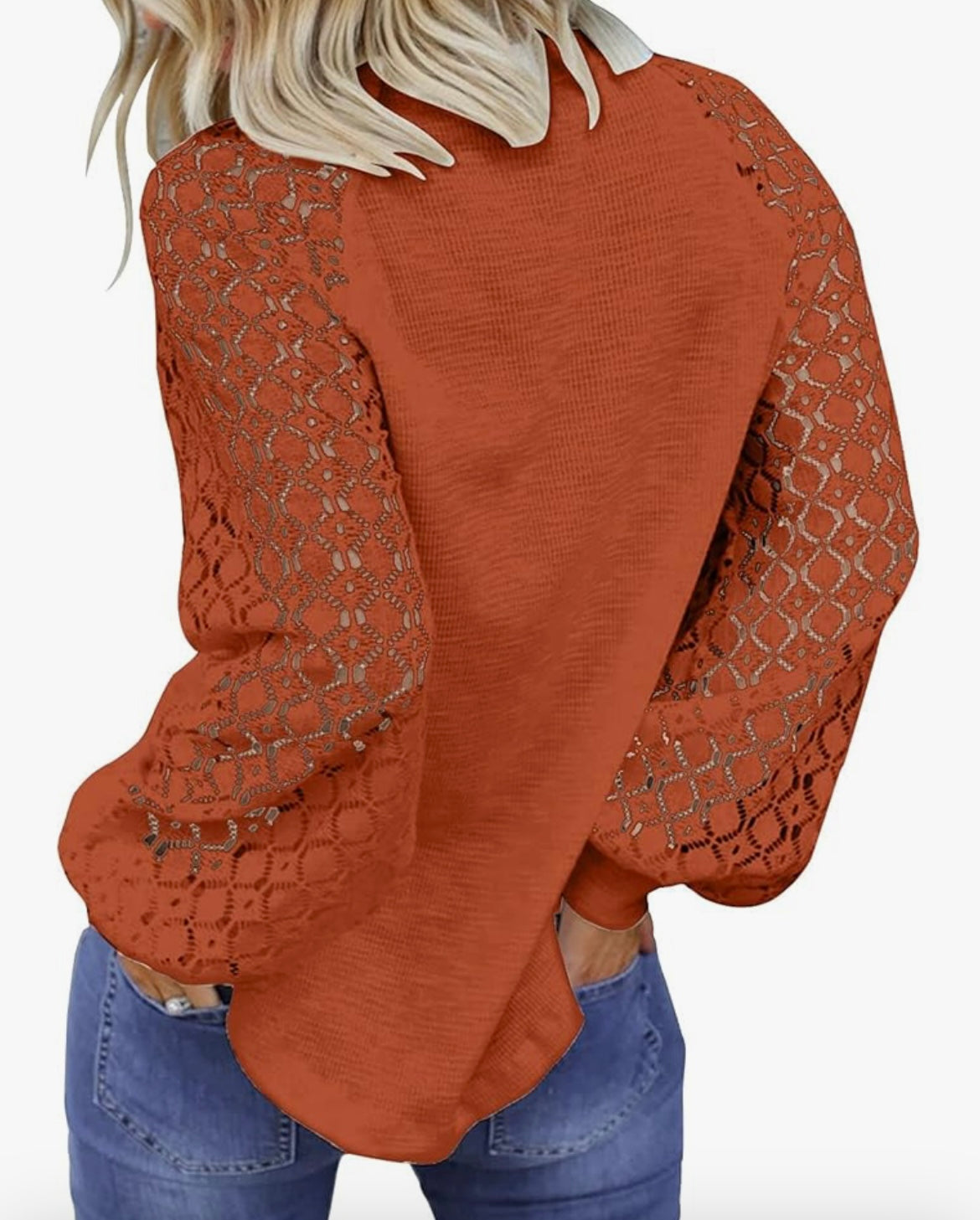 Rust Lace Sleeve Knit Blouse - Chic Casual Women’s Top
