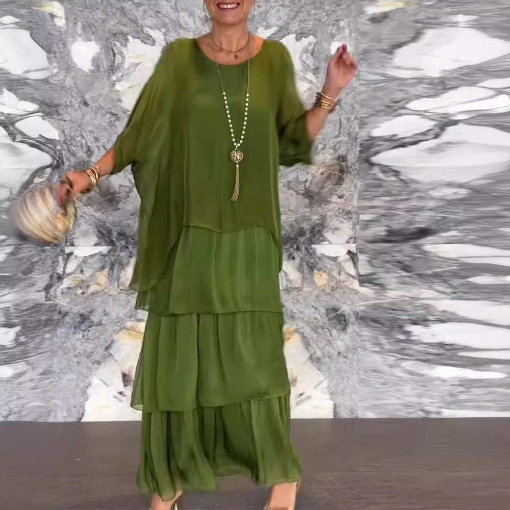 Elegant Layered Chiffon Maxi Set – Olive Green Flowy Two-Piece Outfit for Special Occasions