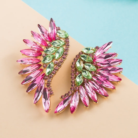 Rhinestone Wing Fan Earrings - Pink & Green
