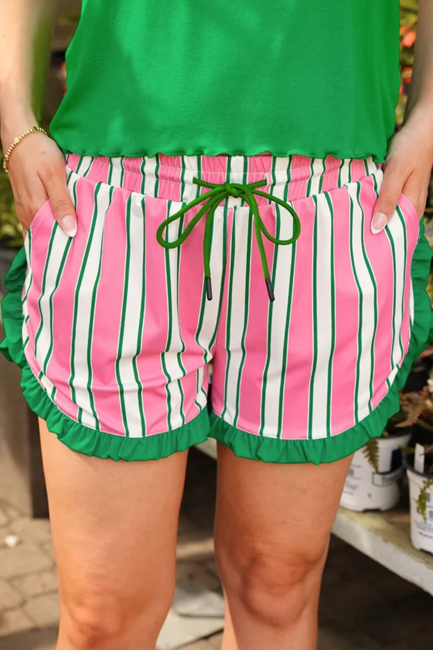 Preppy Pink & Green Striped Ruffle Lounge Shorts