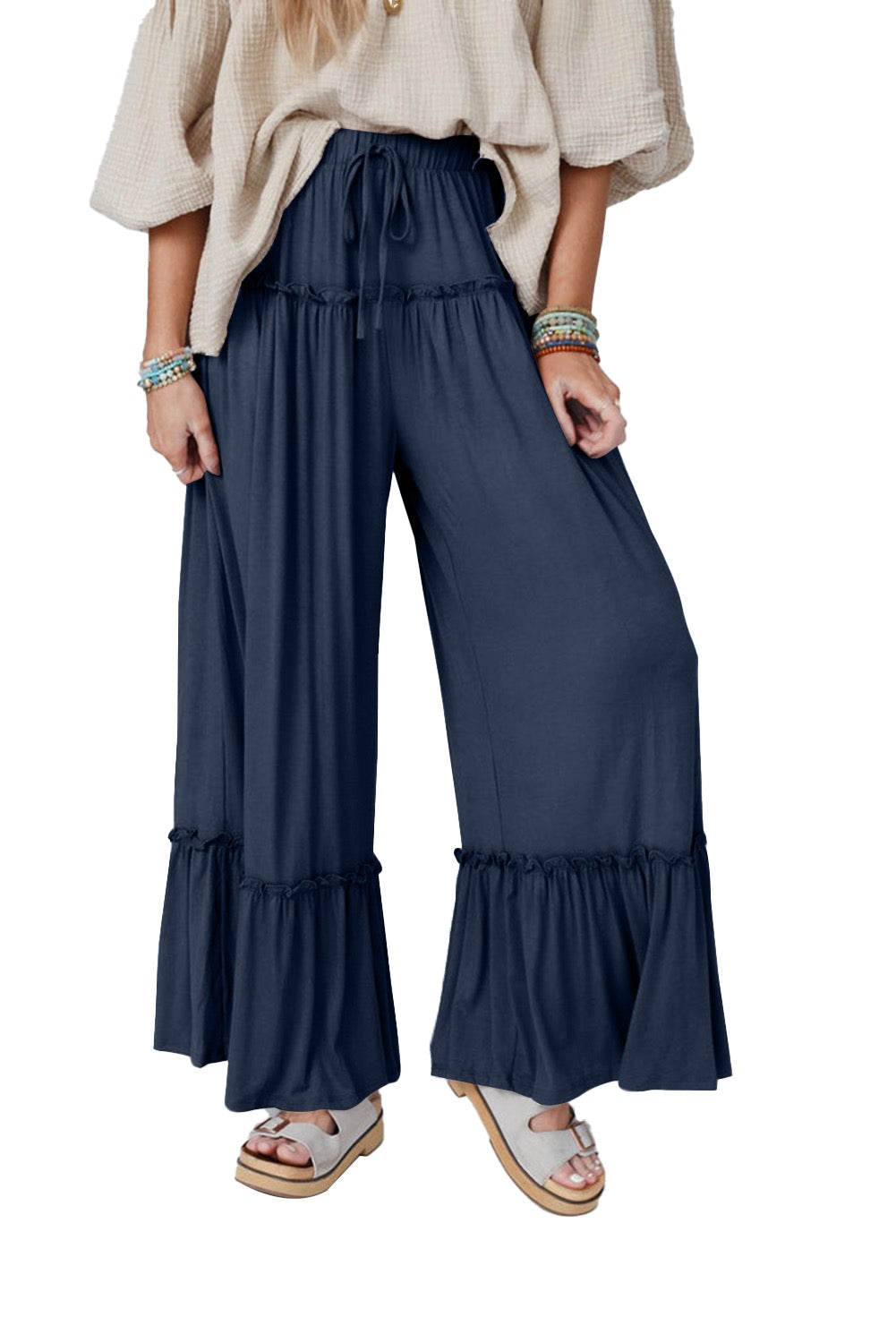 Boho Ruffle Tiered Wide-Leg Pants – Navy Flowy Pants