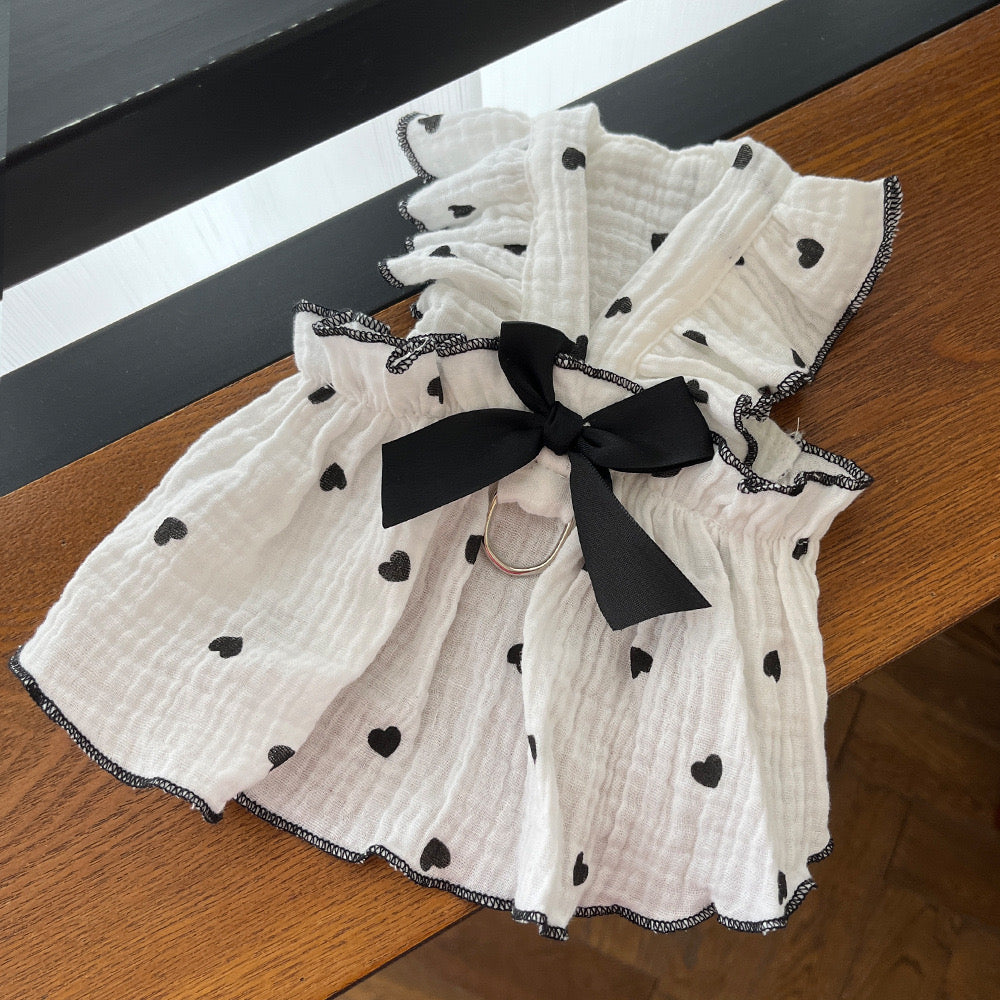 Black & White Heart Print Dog Dress with Bow | Boutique Puppy Dress for Dogs
