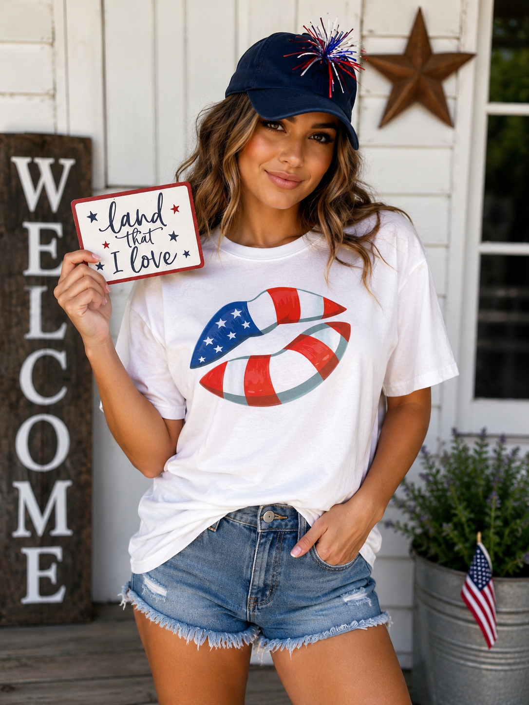 Patriotic Flag Lips Graphic Tee for Women | Fourth of July Casual Graphic Shirt | Red White & Blue Summer Top