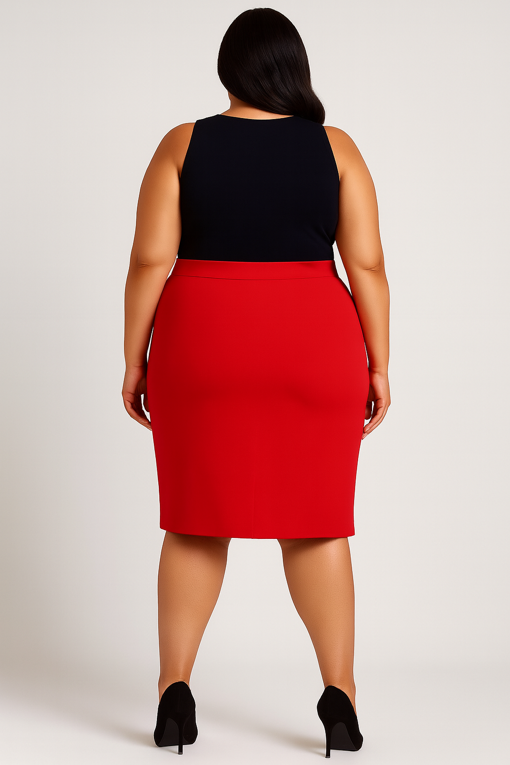 Red High-Waist Waistband Midi Skirt — Sleek Curvy Fit