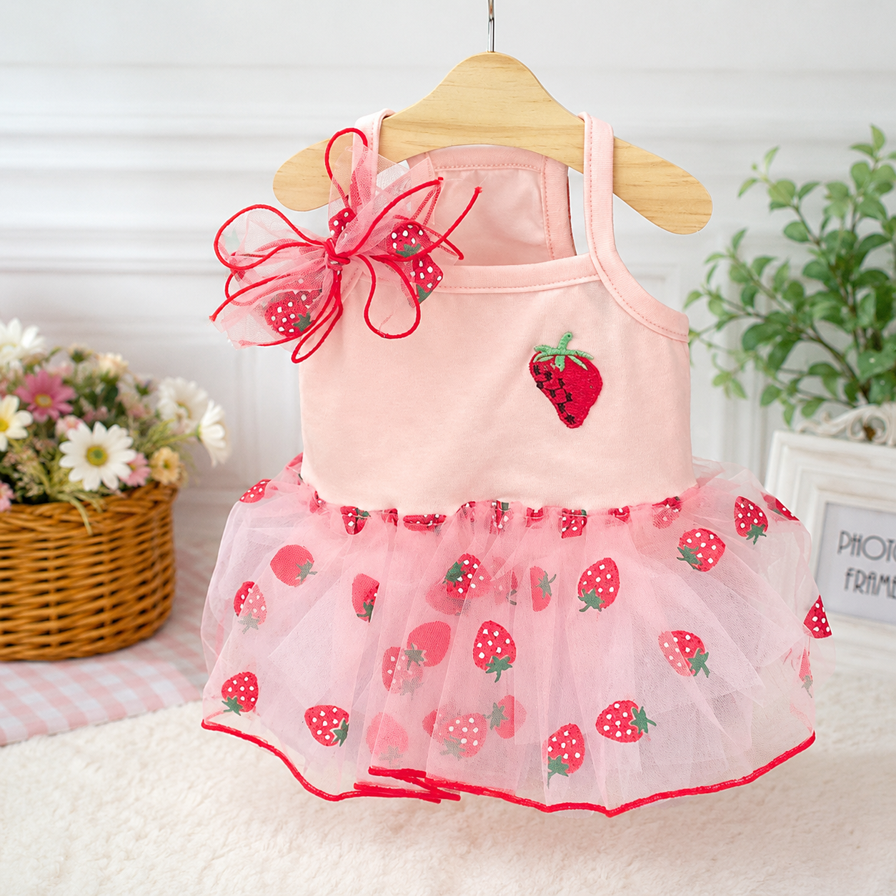 Strawberry Print Dog Dress with Tulle Skirt & Bow