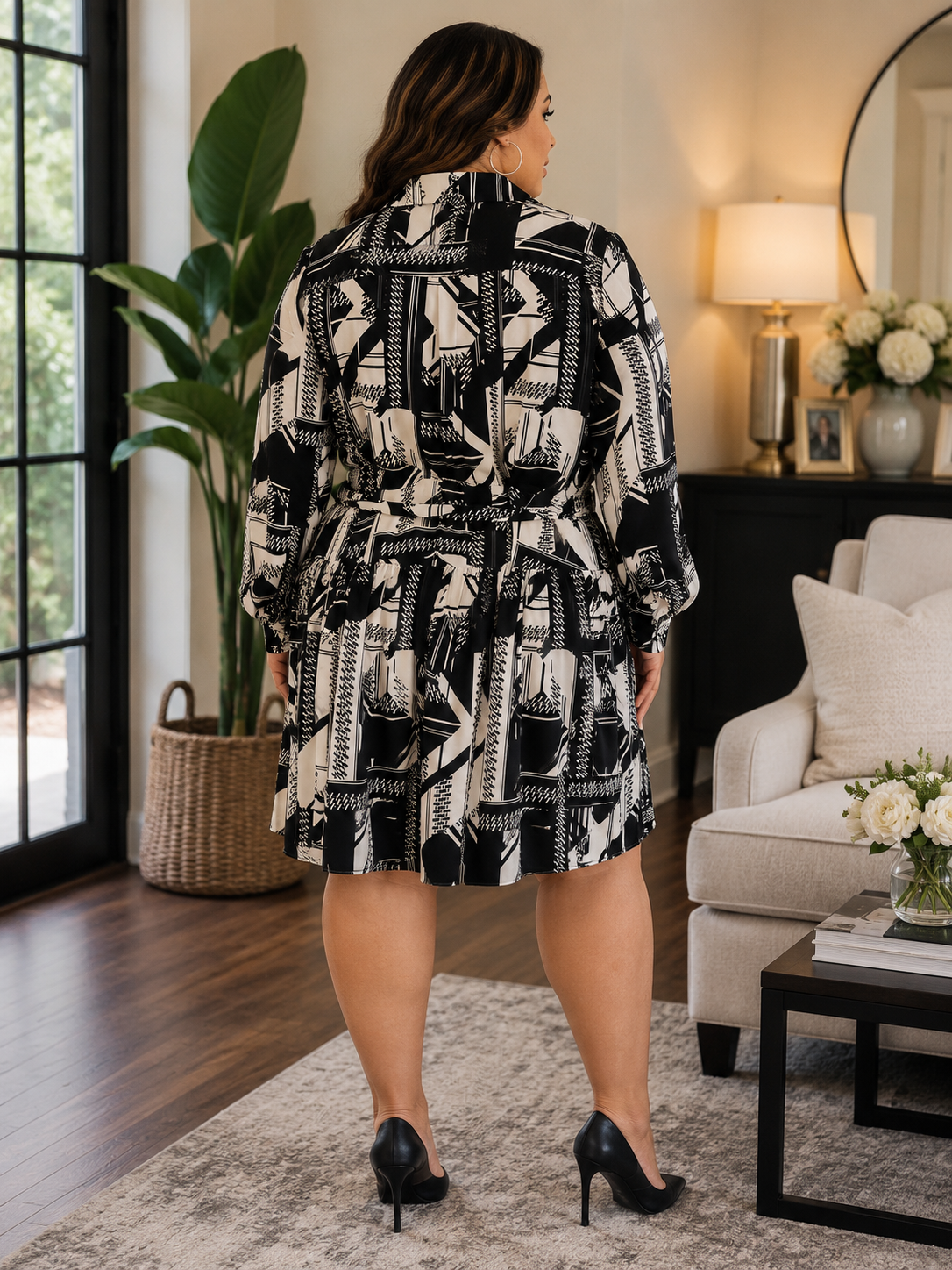 Karl Lagerfeld Black & White Abstract Print Shirt Dress for Women | Long Sleeve Collared Tie Waist Midi Dress