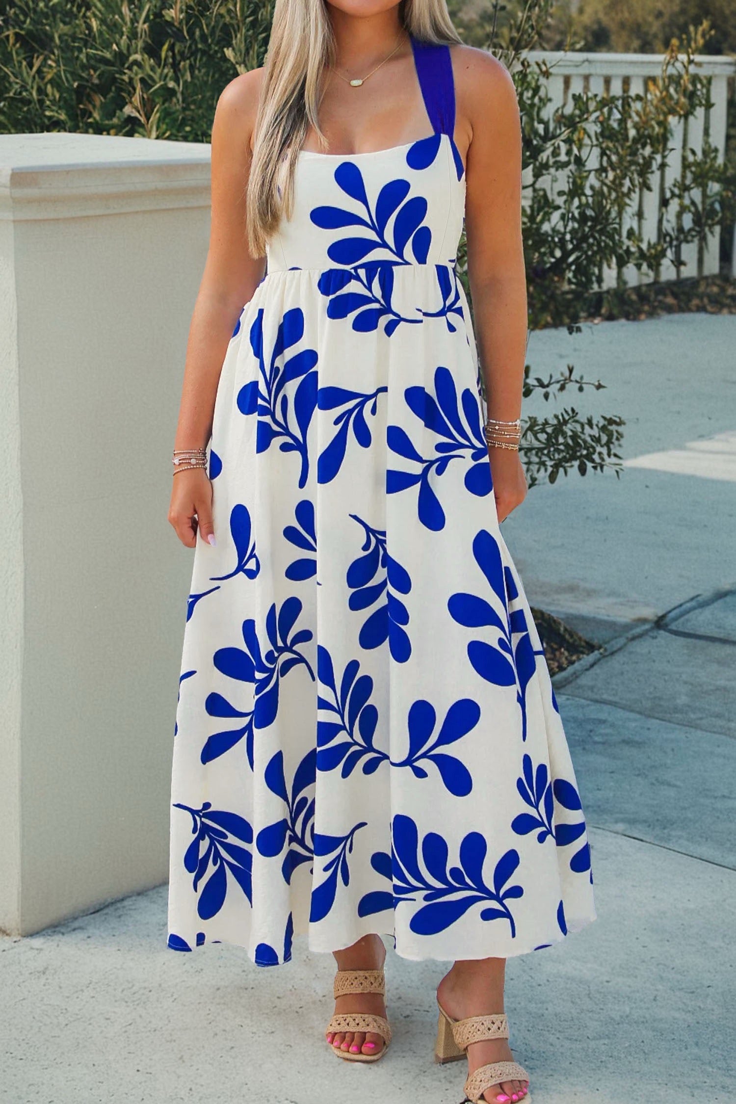 elegant summer maxi dresses Tiered Linen Dress, Open Back Summer Dress, Adjustable Straps, V Neck, Pockets, M / Light Blue
