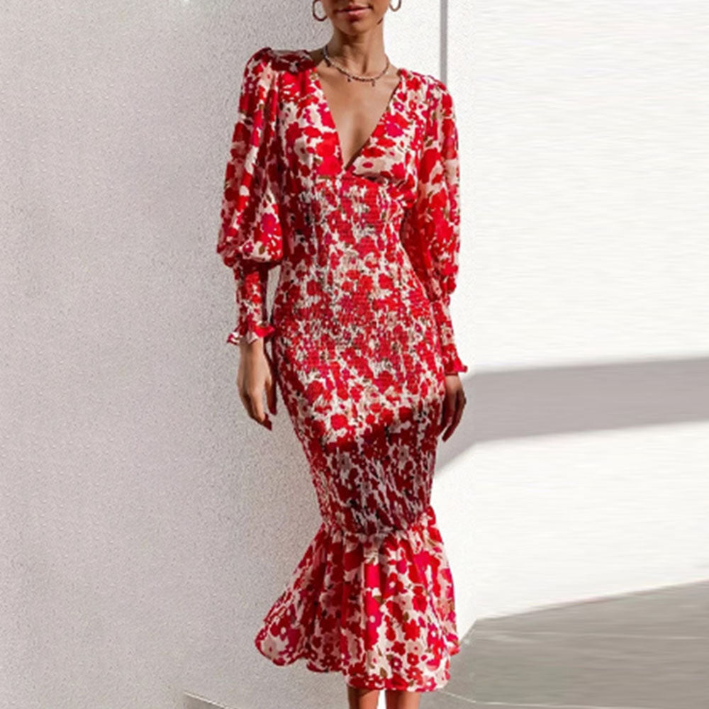 Red V-Neck and floral print smocked tiered long sleeve midi dress