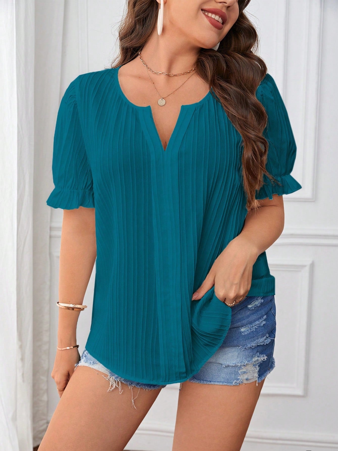 V Neck Notch Blouse - Teal Blue