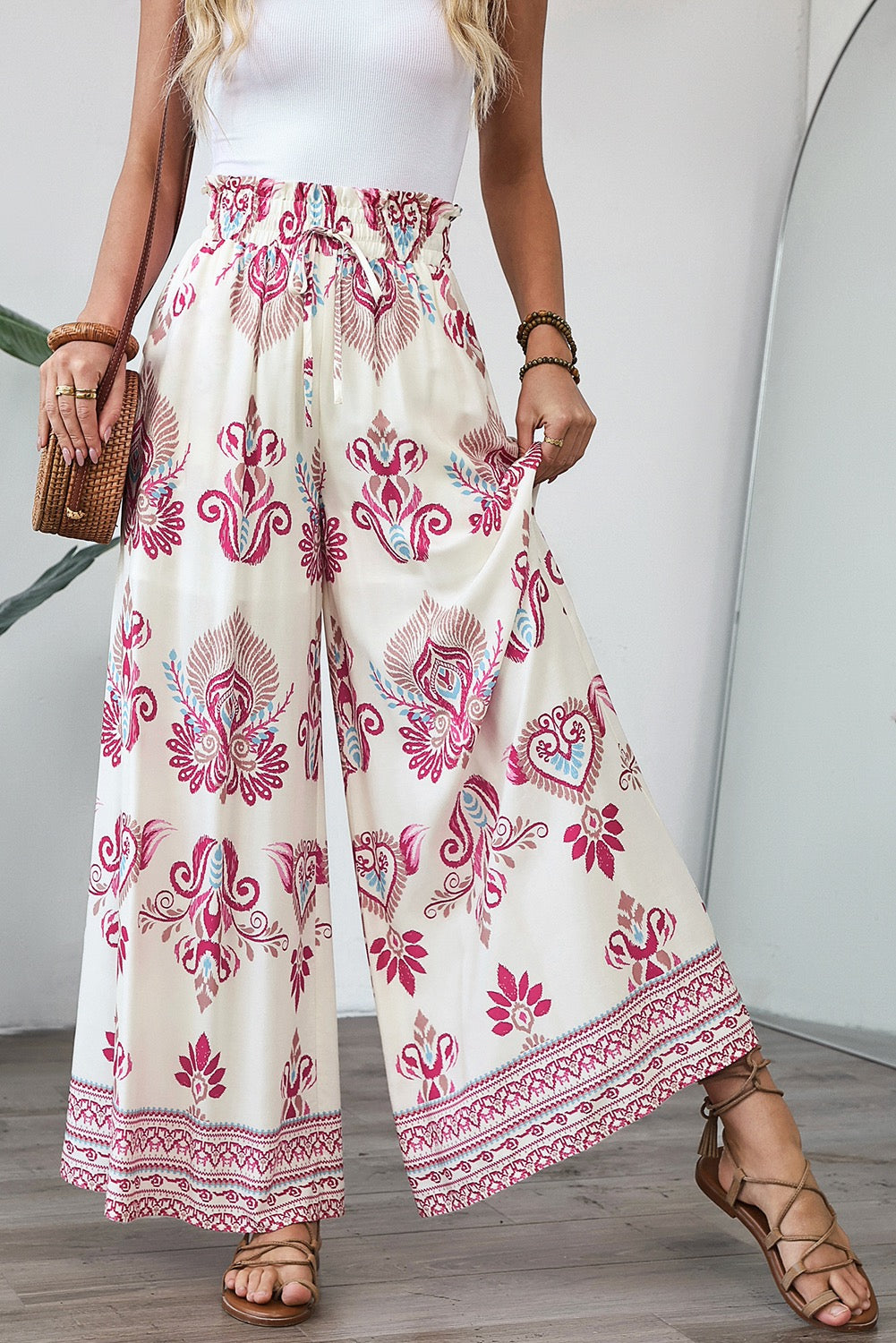 Boho Print Wide Leg Pants - Pink