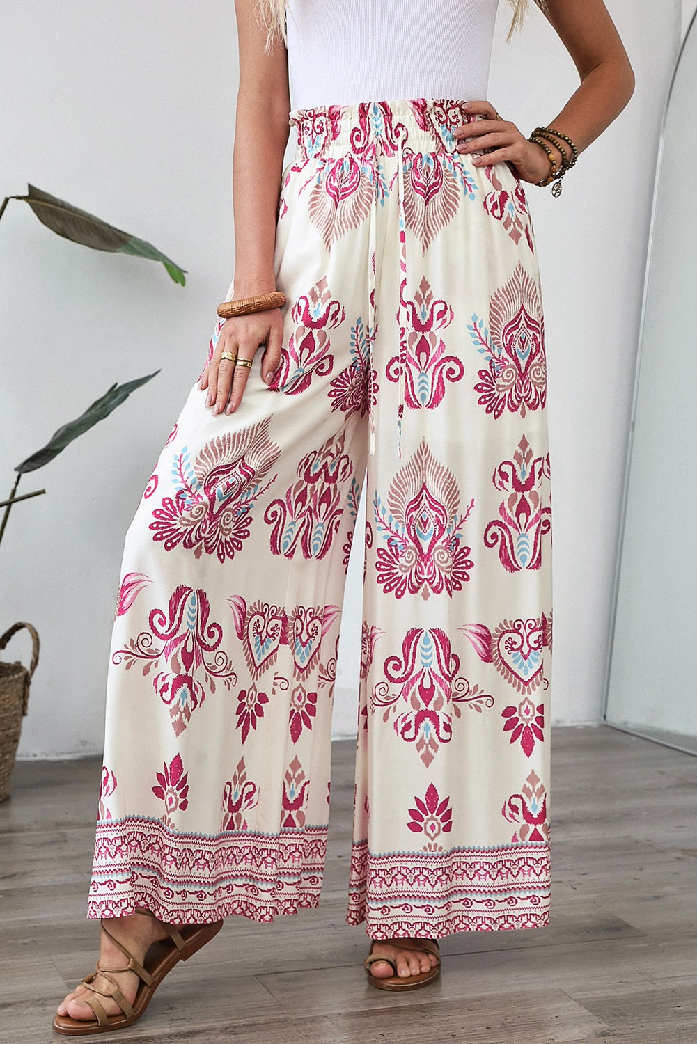Boho Print Wide Leg Pants - Pink