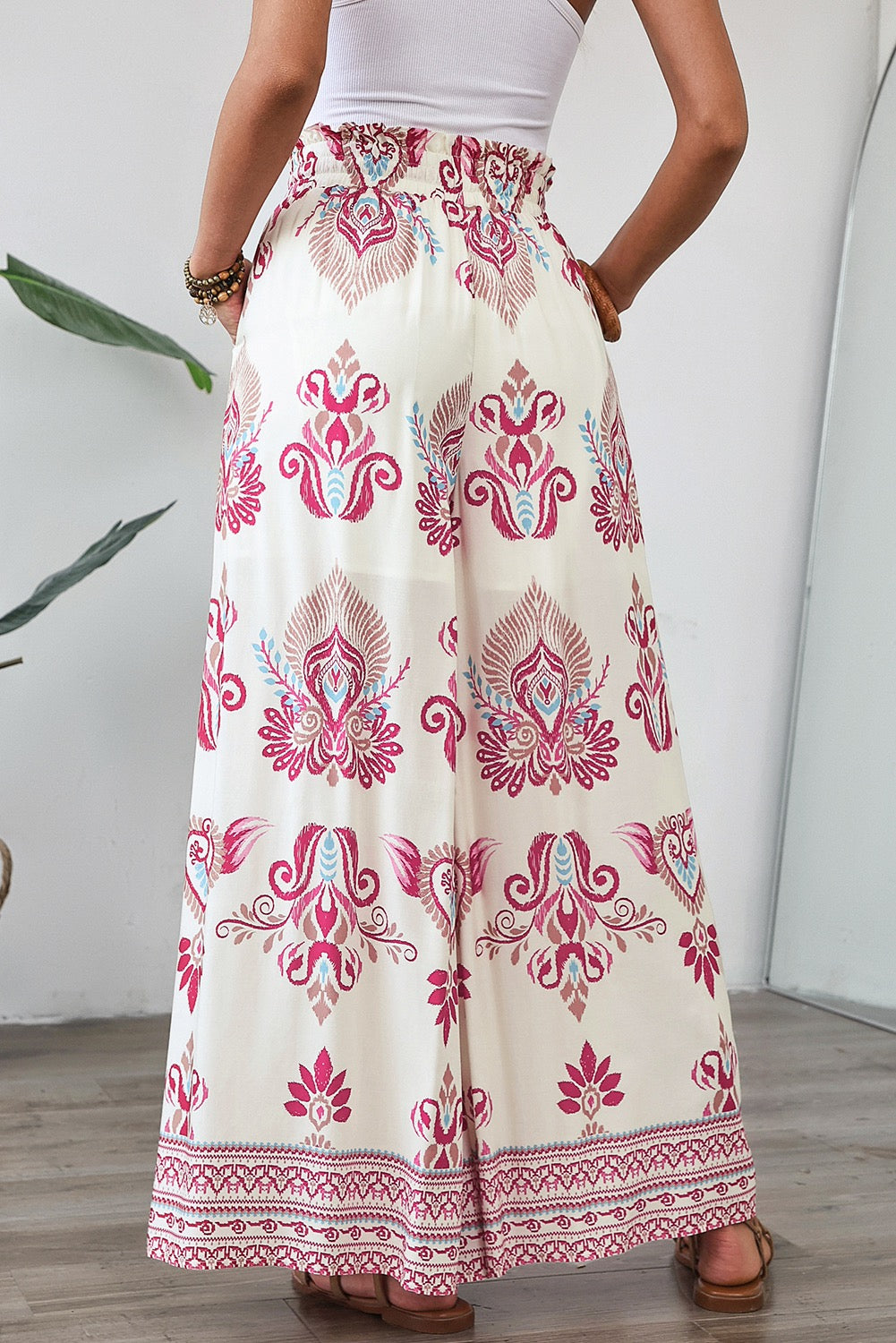 Boho Print Wide Leg Pants - Pink