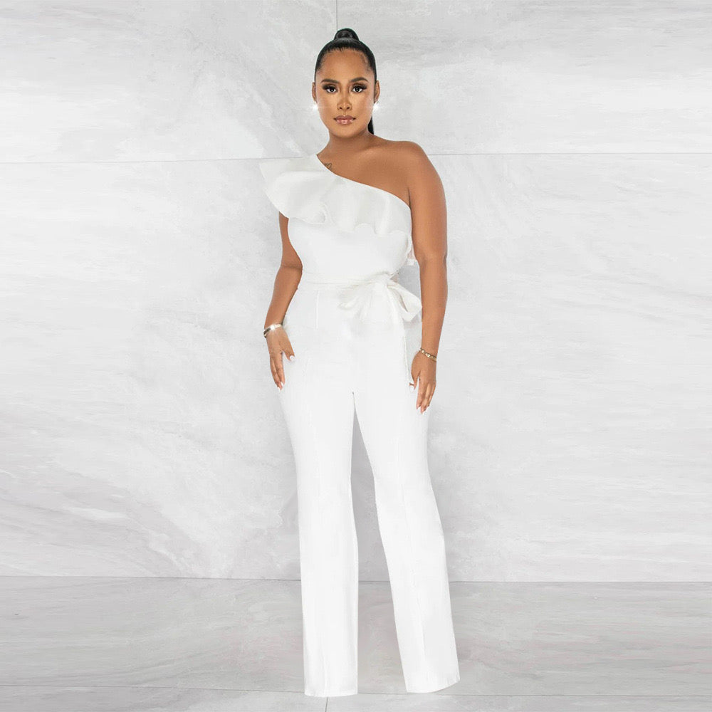 NEW White House Black Market white one buy shoulder ruffle jumpsuit, 0