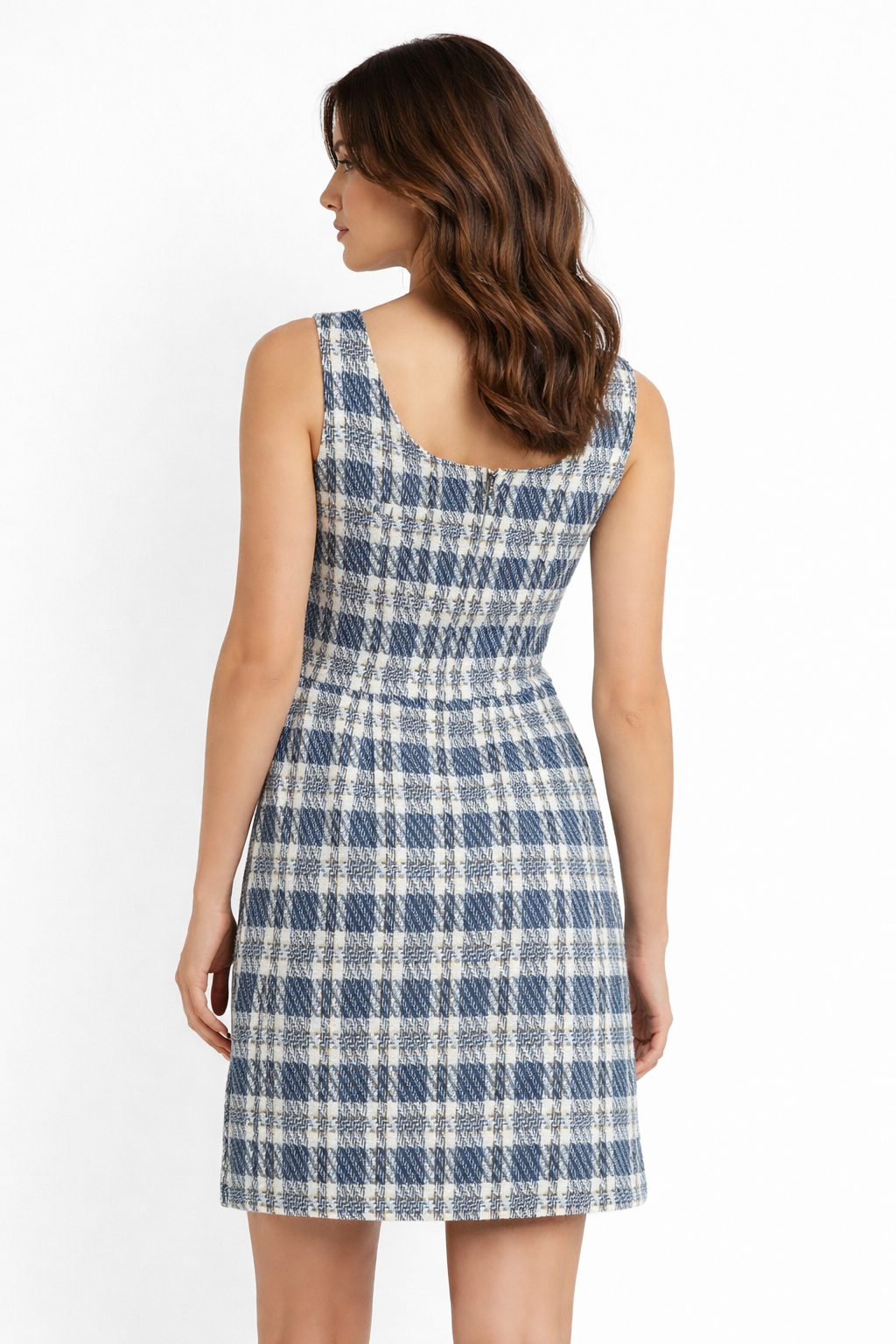 Blue & Ivory Tweed Sleeveless Shift Dress – Knee-Length Classic