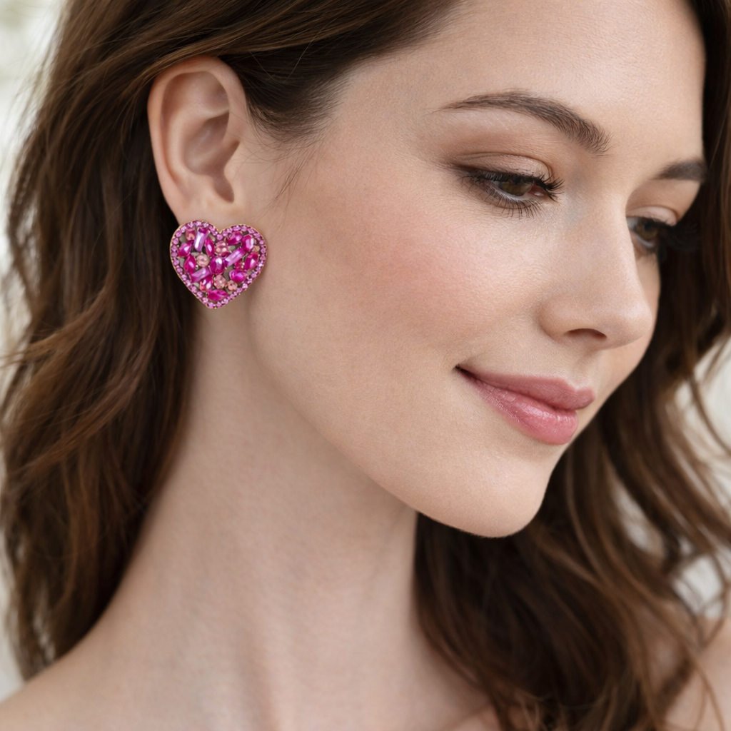 Rhinestone Heart Earring - Pink