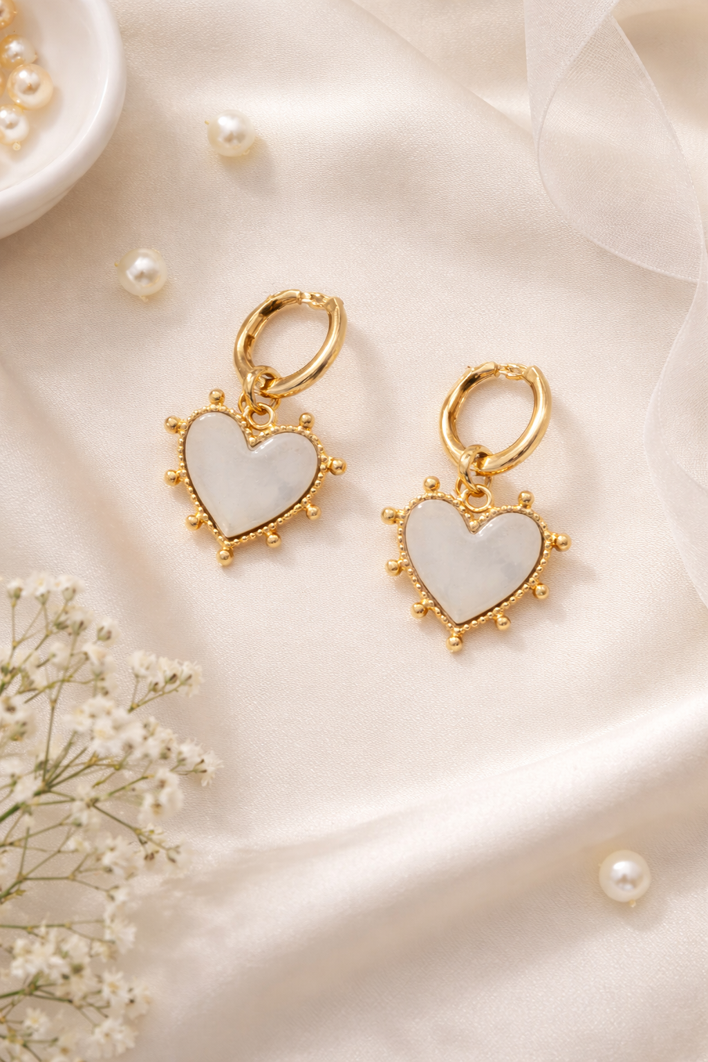 Gold Heart Charm Hoop Earrings - White