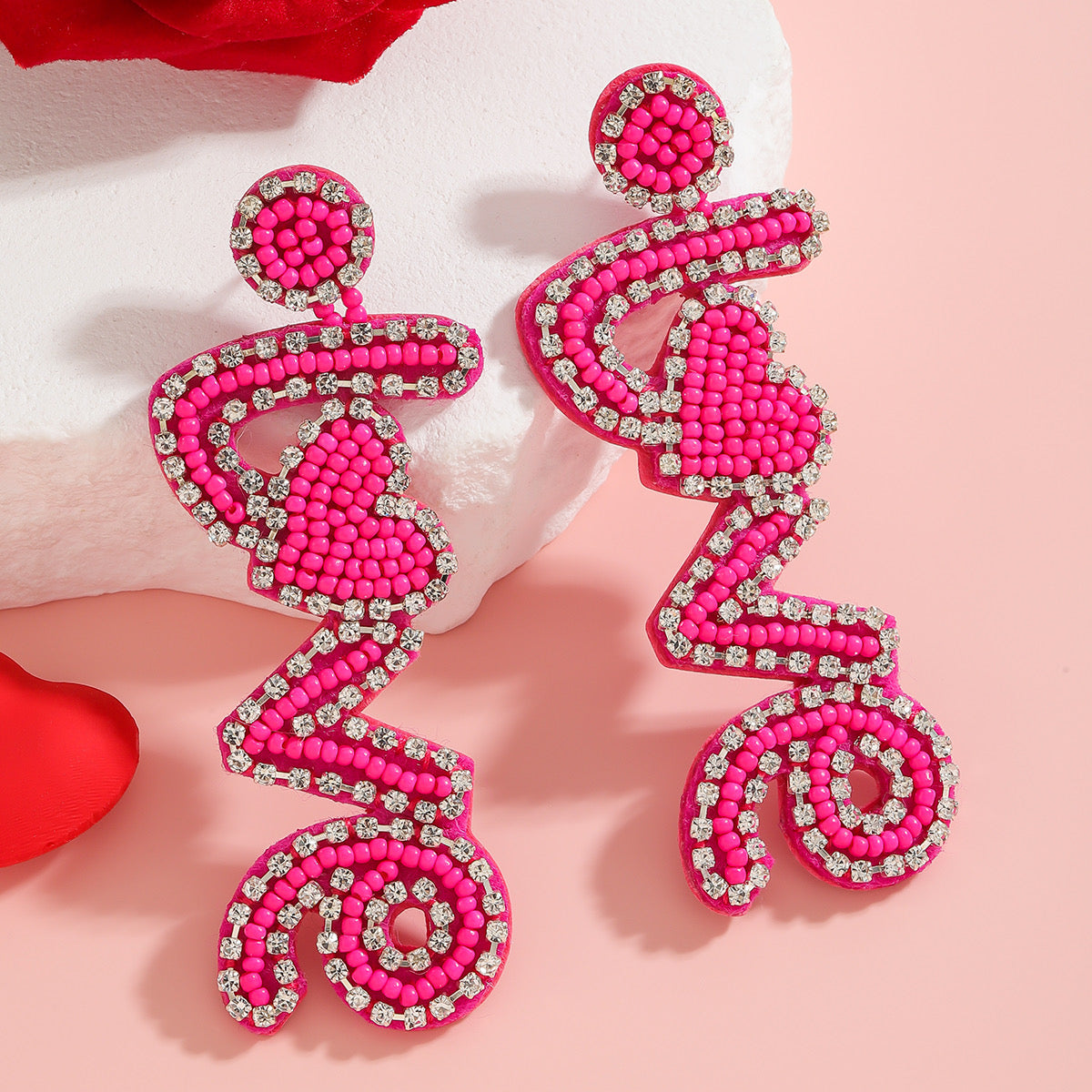Love Rhinestone Beaded Earrings-Pink