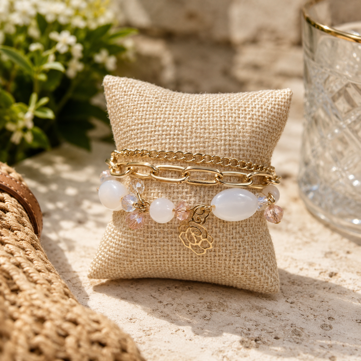 Blush Rose Charm Layered Bracelet Set – Gold Chain & White Beaded Women’s Bracelet Stack