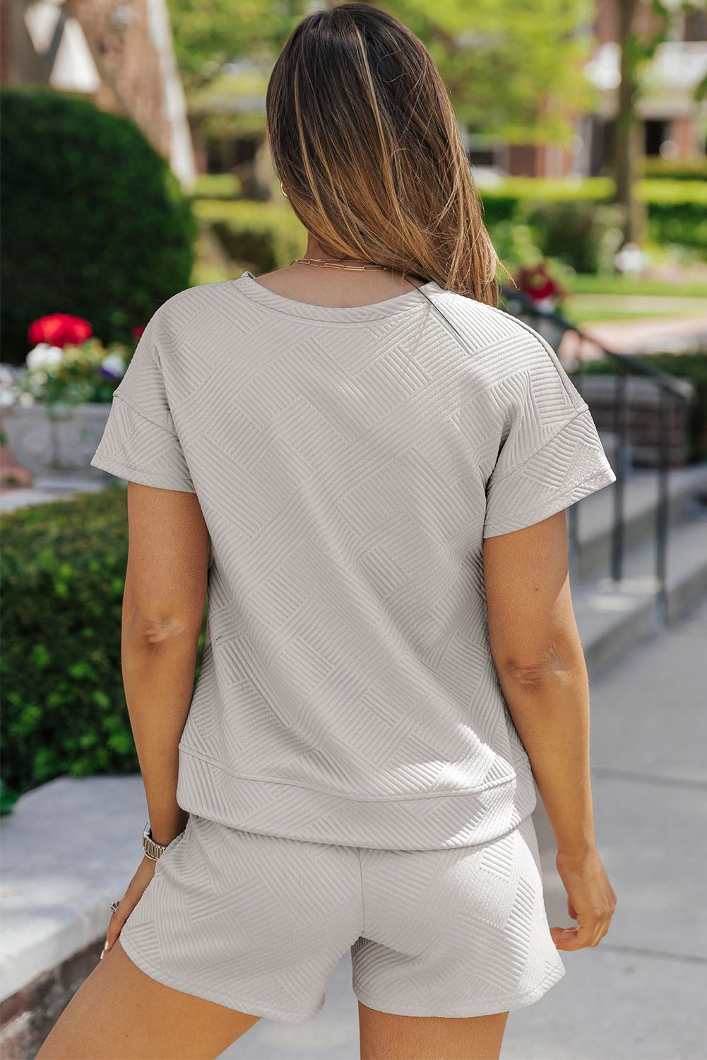 Two-Piece Texture Short Set in Gray with textured pattern