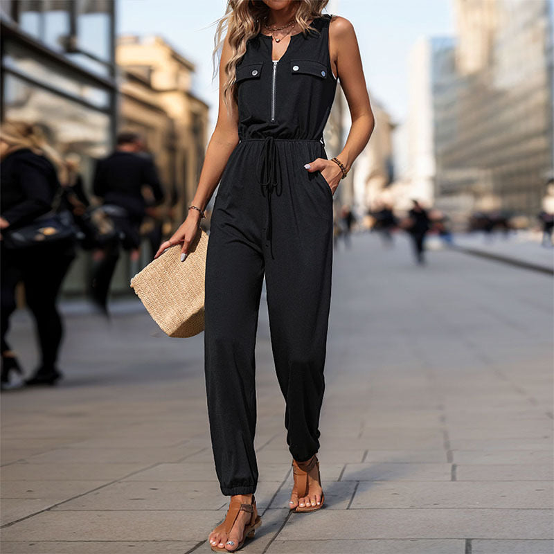 Utility Style Pocket Zipper Jumpsuit - Black