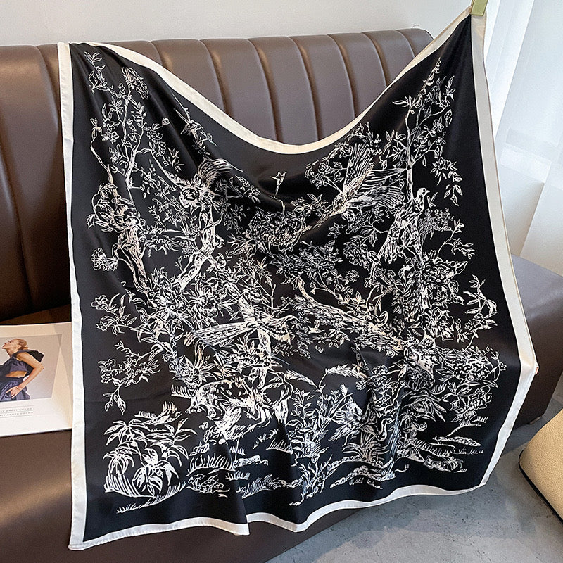 Black & Ivory Botanical Bird Print Silky Square Scarf for Women | Elegant Statement Neck & Hair Scarf