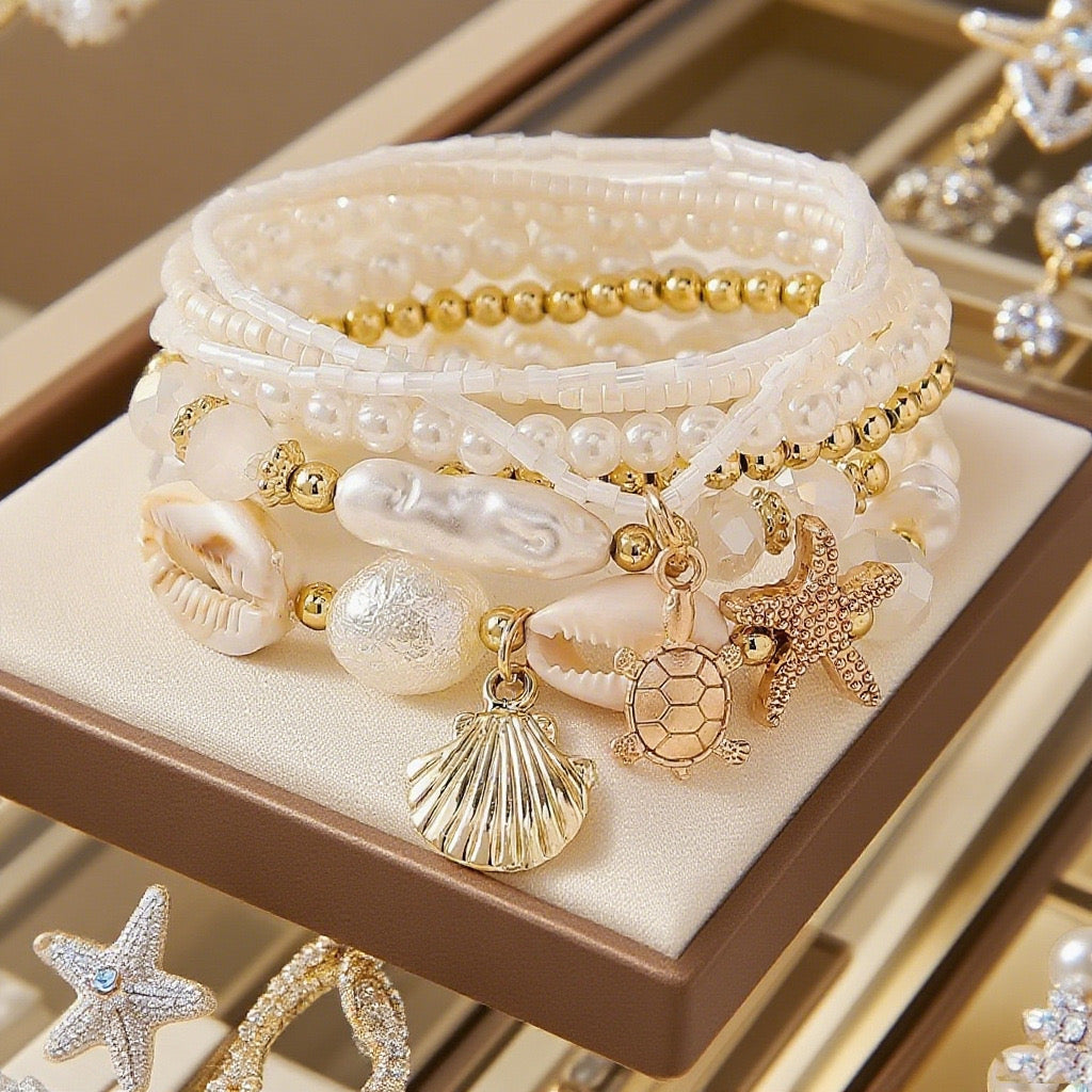 Women’s Coastal Charm Bracelet Stack with Pearls & Shells