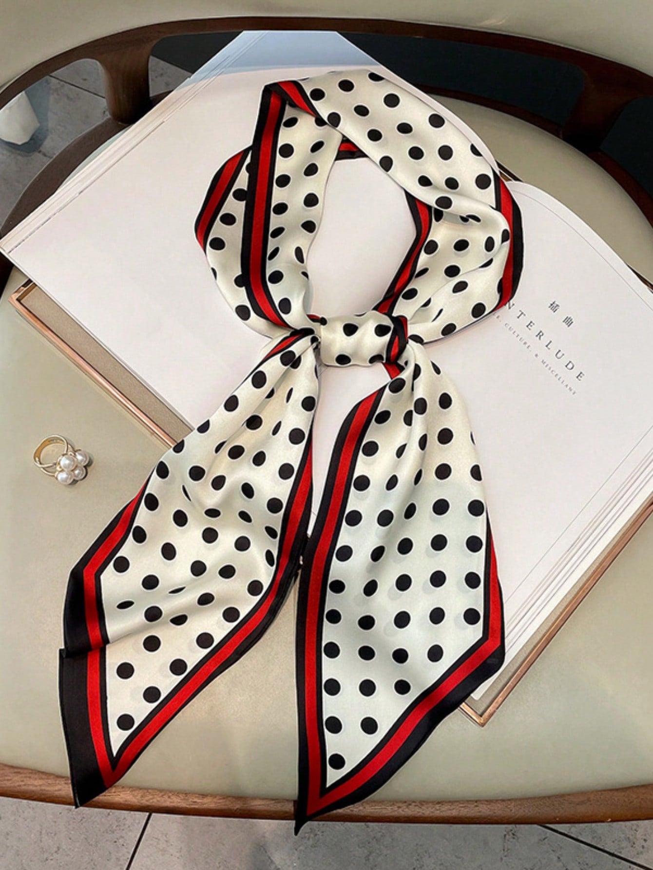 Polka Dot Satin Neck Scarf with Red & Black Border – Classic Chic Accessory