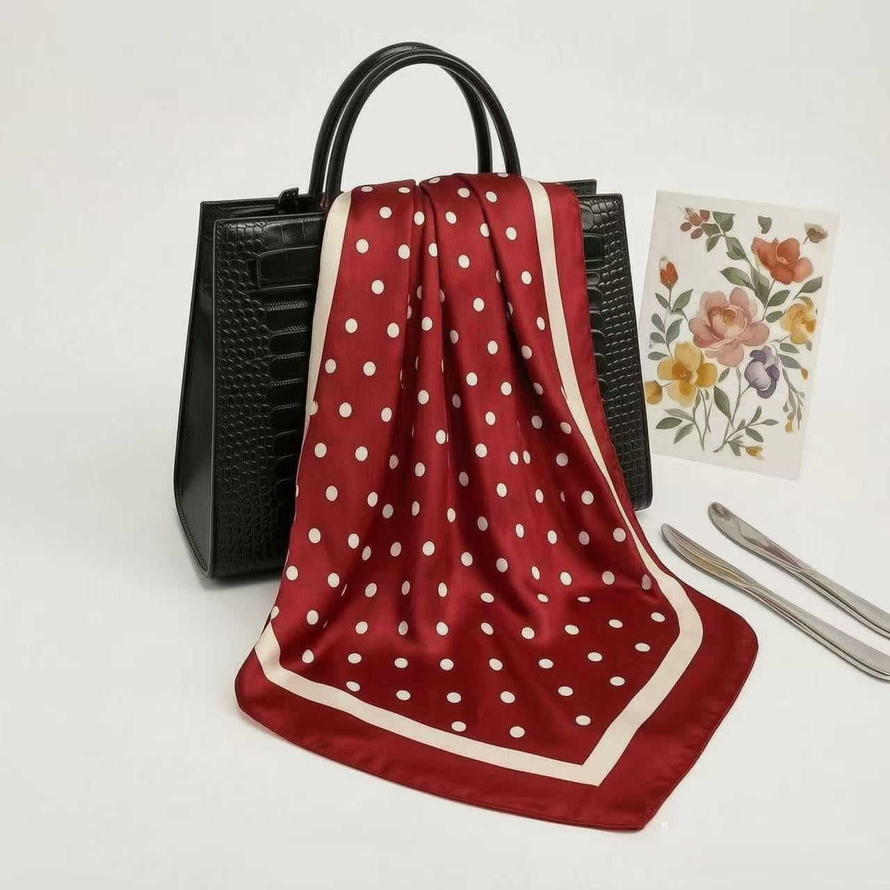 Red-Burgundy Polka Dot Satin Square Scarf – Elegant Women’s Accessory